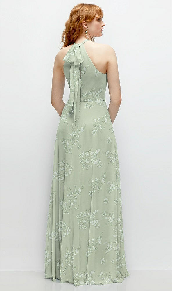 Back View - Vintage Primrose Sage Shirred Halter Chiffon Maxi Dress with Back Sash-Tie Closure