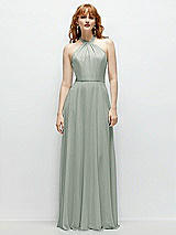 Front View Thumbnail - Willow Green Shirred Halter Chiffon Maxi Dress with Back Sash-Tie Closure