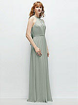 Side View Thumbnail - Willow Green Shirred Halter Chiffon Maxi Dress with Back Sash-Tie Closure