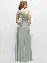 Rear View Thumbnail - Willow Green Shirred Halter Chiffon Maxi Dress with Back Sash-Tie Closure