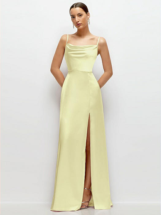 Cowl Neck Satin Maxi Dress with Adjustable Spaghetti Straps