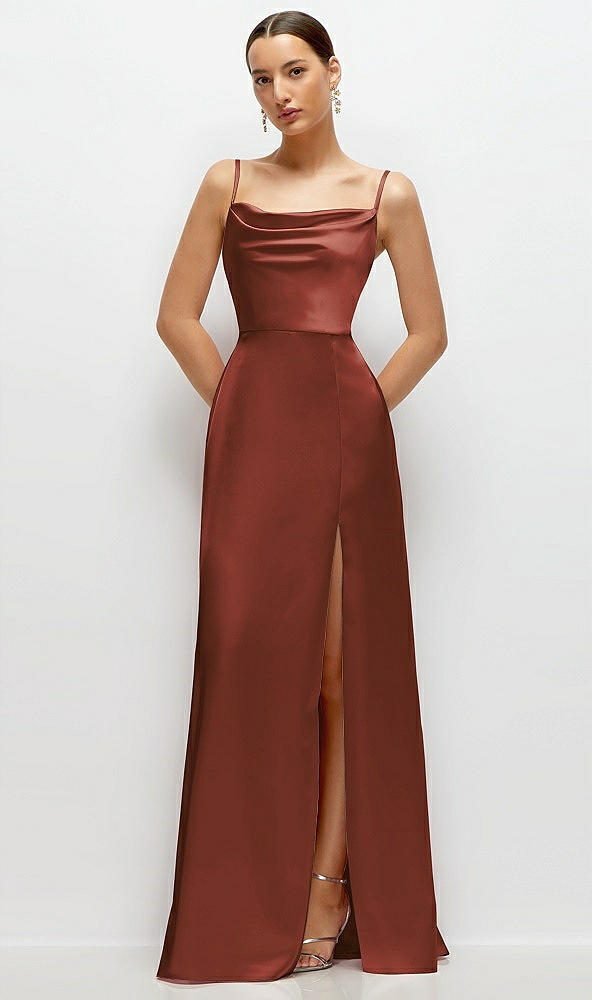 Front View - Auburn Moon Cowl Neck Satin Maxi Dress with Adjustable Spaghetti Straps