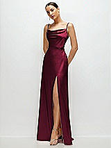 Side View Thumbnail - Cabernet Cowl Neck Satin Maxi Dress with Adjustable Spaghetti Straps