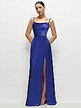 Front View Thumbnail - Cobalt Blue Cowl Neck Satin Maxi Dress with Adjustable Spaghetti Straps