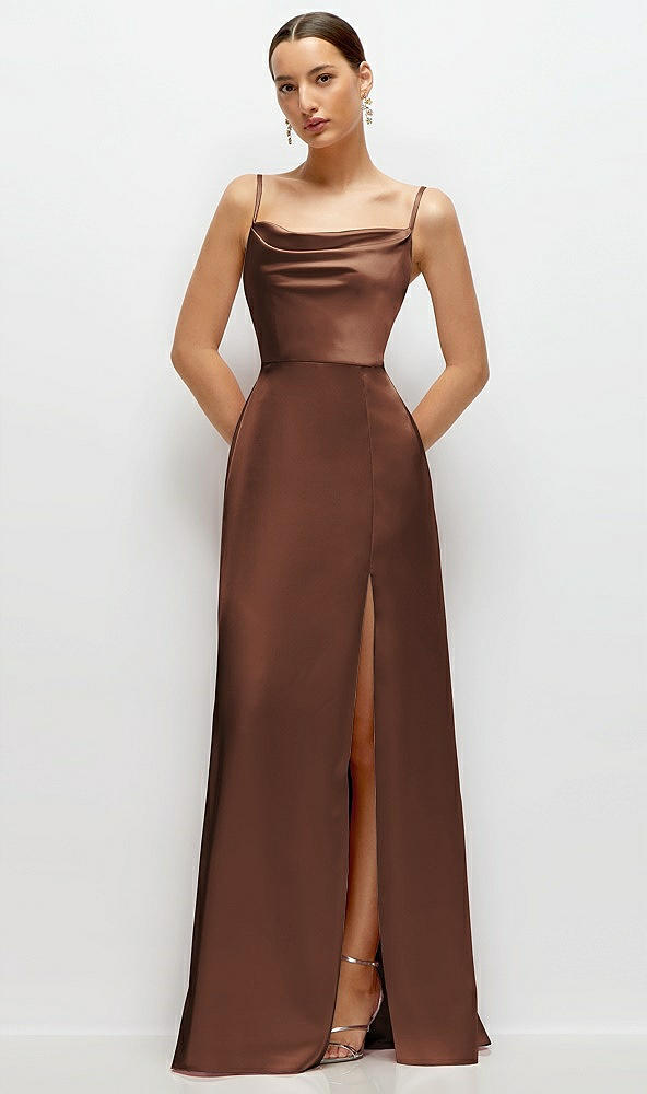 Front View - Cognac Cowl Neck Satin Maxi Dress with Adjustable Spaghetti Straps