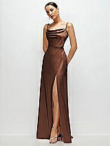 Side View Thumbnail - Cognac Cowl Neck Satin Maxi Dress with Adjustable Spaghetti Straps