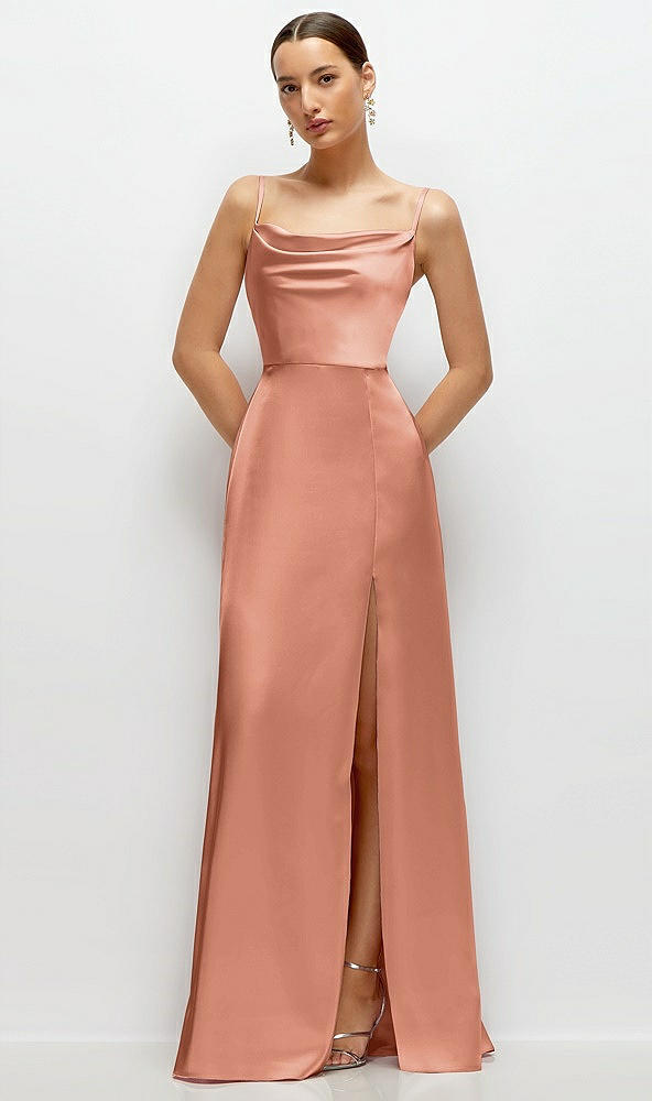 Front View - Copper Penny Cowl Neck Satin Maxi Dress with Adjustable Spaghetti Straps