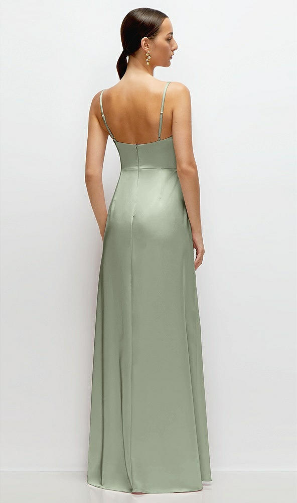 Back View - Sage Cowl Neck Satin Maxi Dress with Adjustable Spaghetti Straps