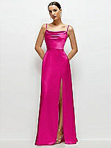 Front View Thumbnail - Think Pink Cowl Neck Satin Maxi Dress with Adjustable Spaghetti Straps