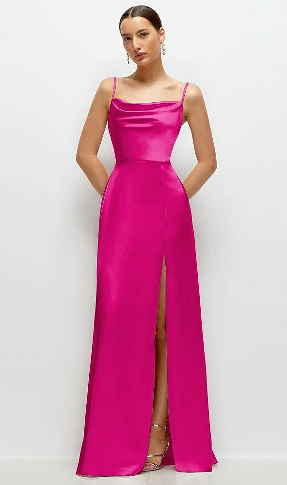 Front View - Think Pink Cowl Neck Satin Maxi Dress with Adjustable Spaghetti Straps