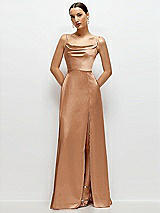 Front View Thumbnail - Toffee Cowl Neck Satin Maxi Dress with Adjustable Spaghetti Straps