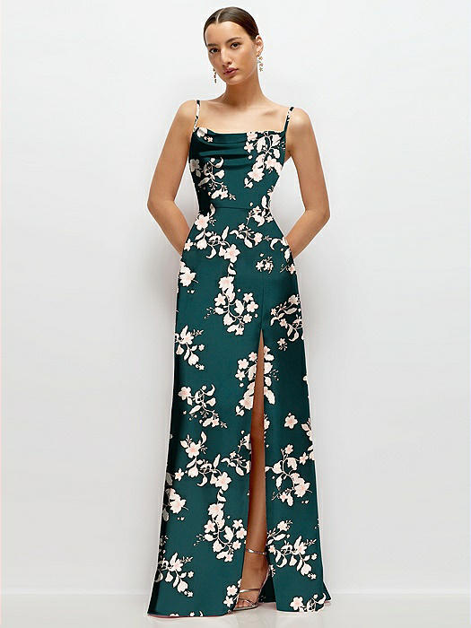 Floral Cowl Neck Satin Maxi Dress with Adjustable Spaghetti Straps