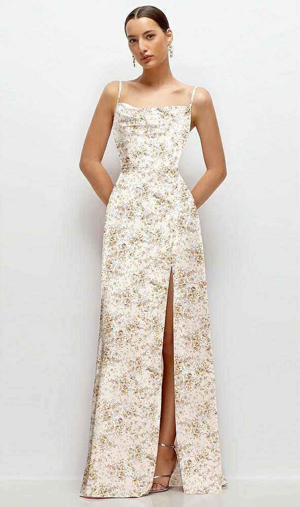 Front View - Golden Hour Floral Cowl Neck Satin Maxi Dress with Adjustable Spaghetti Straps