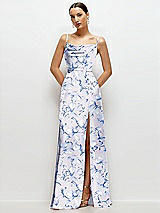 Front View Thumbnail - Magnolia Sky Floral Cowl Neck Satin Maxi Dress with Adjustable Spaghetti Straps