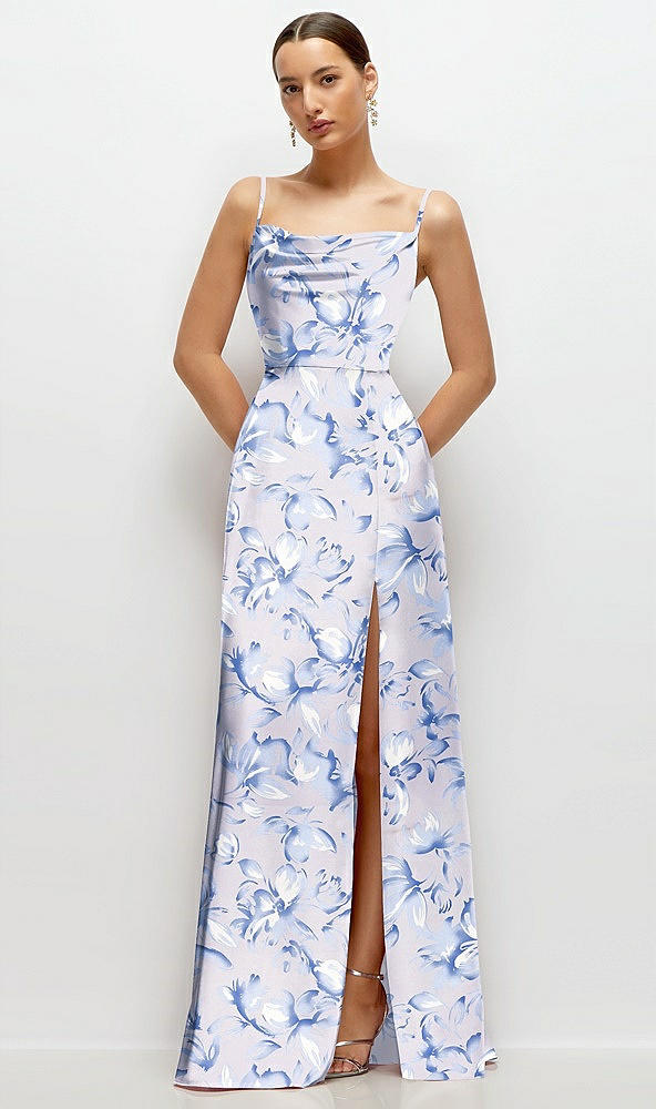 Front View - Magnolia Sky Floral Cowl Neck Satin Maxi Dress with Adjustable Spaghetti Straps