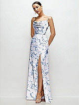 Side View Thumbnail - Magnolia Sky Floral Cowl Neck Satin Maxi Dress with Adjustable Spaghetti Straps