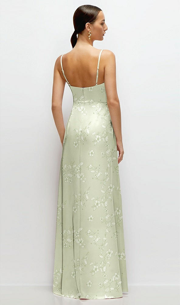 Back View - Vintage Primrose Celadon Floral Cowl Neck Satin Maxi Dress with Adjustable Spaghetti Straps