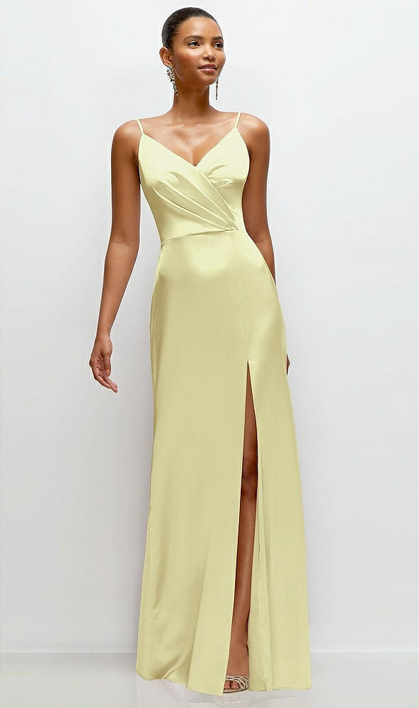 Front View - Butter Yellow Pleated Faux Wrap Satin Maxi Dress with Adjustable Spaghetti Straps