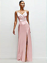 Front View Thumbnail - Ballet Pink Pleated Faux Wrap Satin Maxi Dress with Adjustable Spaghetti Straps