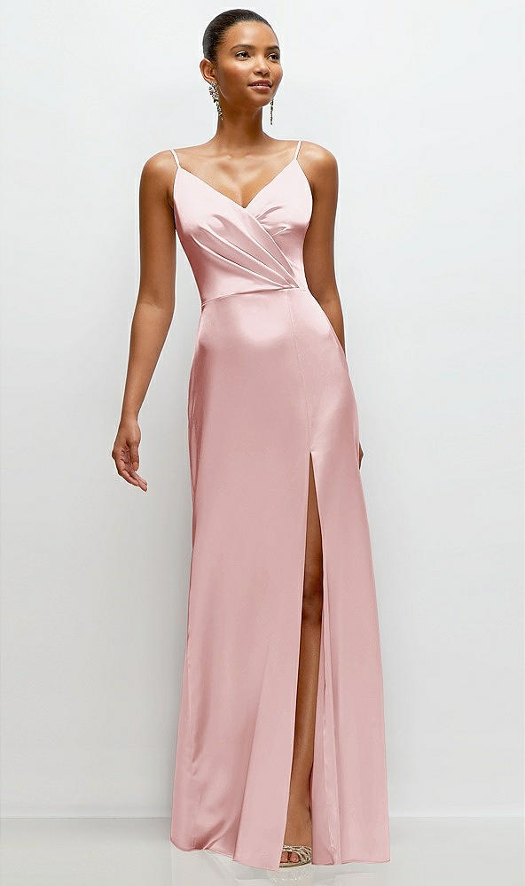 Front View - Ballet Pink Pleated Faux Wrap Satin Maxi Dress with Adjustable Spaghetti Straps