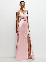 Side View Thumbnail - Ballet Pink Pleated Faux Wrap Satin Maxi Dress with Adjustable Spaghetti Straps