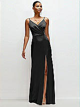 Front View Thumbnail - Black Pleated Faux Wrap Satin Maxi Dress with Adjustable Spaghetti Straps