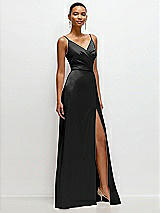 Side View Thumbnail - Black Pleated Faux Wrap Satin Maxi Dress with Adjustable Spaghetti Straps