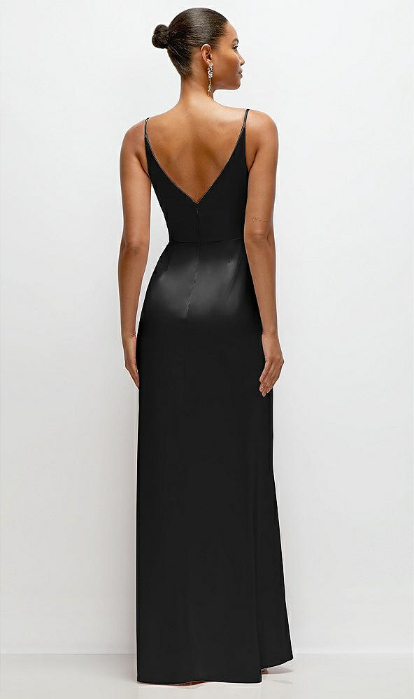 Back View - Black Pleated Faux Wrap Satin Maxi Dress with Adjustable Spaghetti Straps