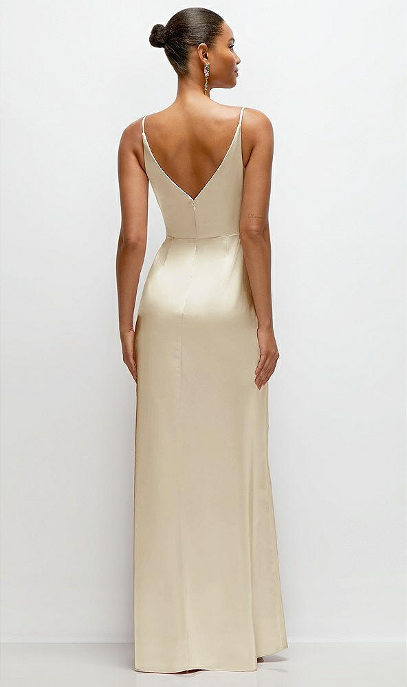 Back View - Champagne Pleated Faux Wrap Satin Maxi Dress with Adjustable Spaghetti Straps