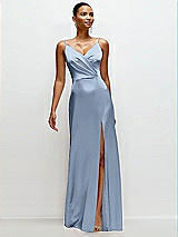 Front View Thumbnail - Cloudy Pleated Faux Wrap Satin Maxi Dress with Adjustable Spaghetti Straps