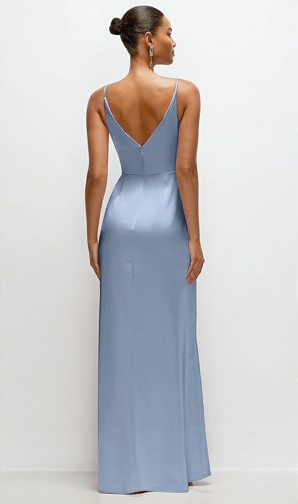 Back View - Cloudy Pleated Faux Wrap Satin Maxi Dress with Adjustable Spaghetti Straps