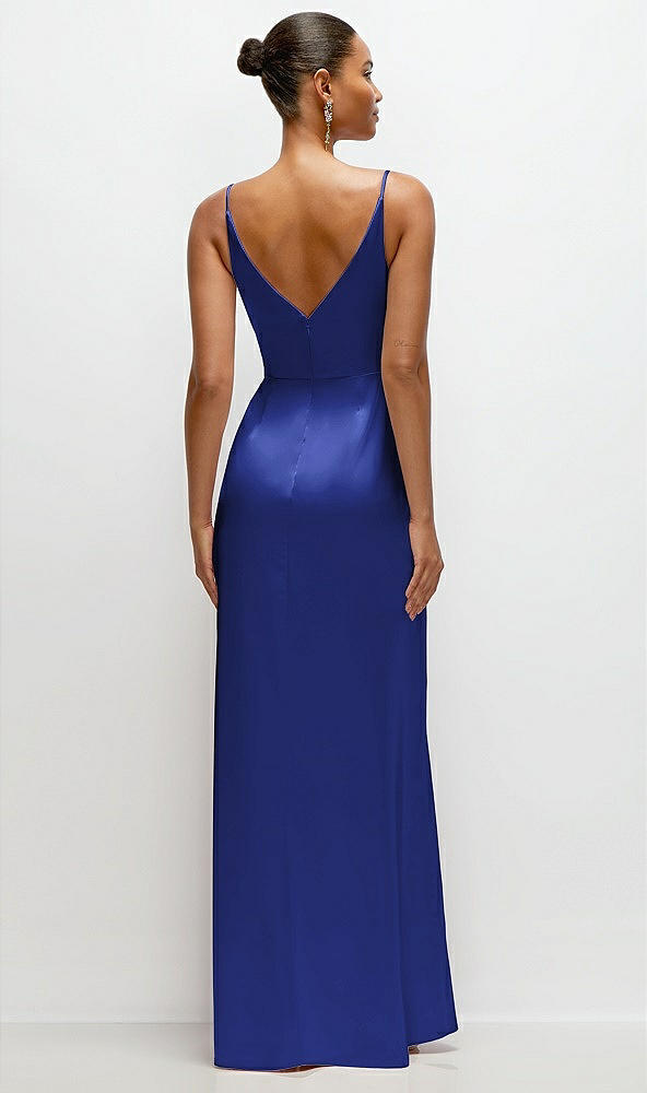 Back View - Cobalt Blue Pleated Faux Wrap Satin Maxi Dress with Adjustable Spaghetti Straps