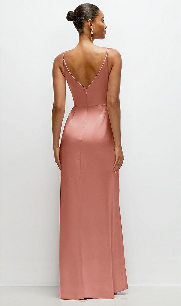 Back View - Desert Rose Pleated Faux Wrap Satin Maxi Dress with Adjustable Spaghetti Straps