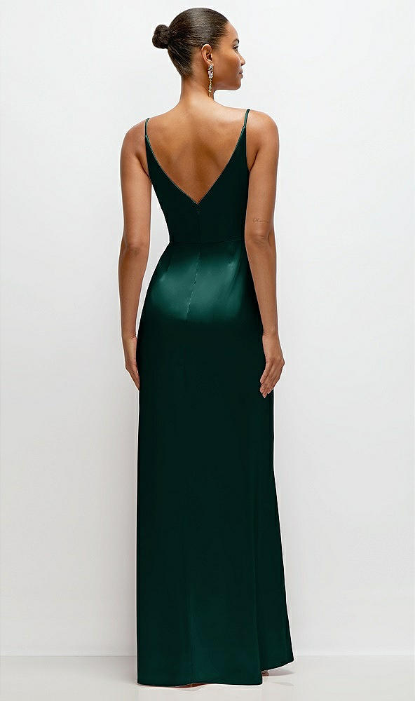 Back View - Evergreen Pleated Faux Wrap Satin Maxi Dress with Adjustable Spaghetti Straps