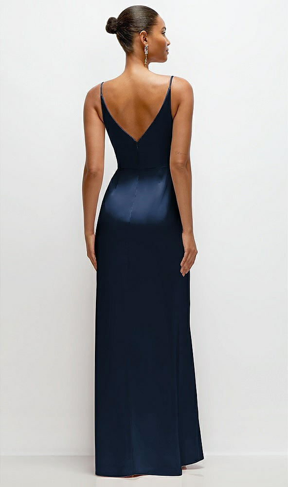 Back View - Midnight Navy Pleated Faux Wrap Satin Maxi Dress with Adjustable Spaghetti Straps