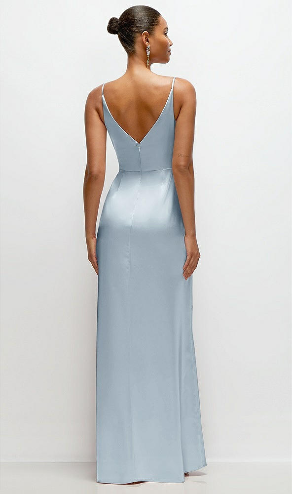 Back View - Mist Pleated Faux Wrap Satin Maxi Dress with Adjustable Spaghetti Straps