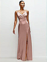 Front View Thumbnail - Neu Nude Pleated Faux Wrap Satin Maxi Dress with Adjustable Spaghetti Straps