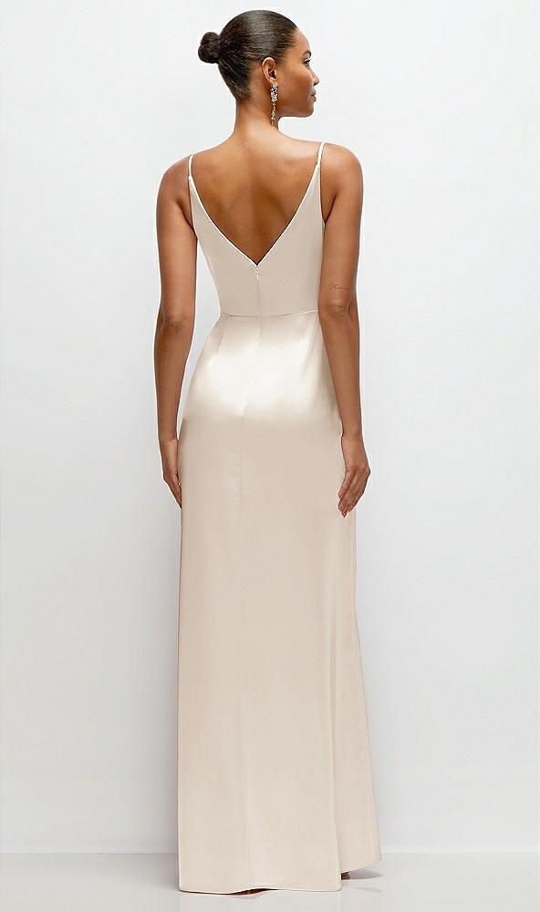 Back View - Oat Pleated Faux Wrap Satin Maxi Dress with Adjustable Spaghetti Straps