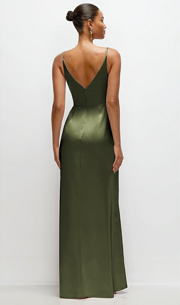 Back View - Olive Green Pleated Faux Wrap Satin Maxi Dress with Adjustable Spaghetti Straps