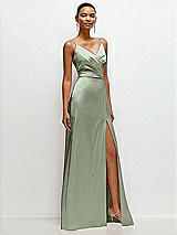 Side View Thumbnail - Sage Pleated Faux Wrap Satin Maxi Dress with Adjustable Spaghetti Straps