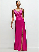 Front View Thumbnail - Think Pink Pleated Faux Wrap Satin Maxi Dress with Adjustable Spaghetti Straps