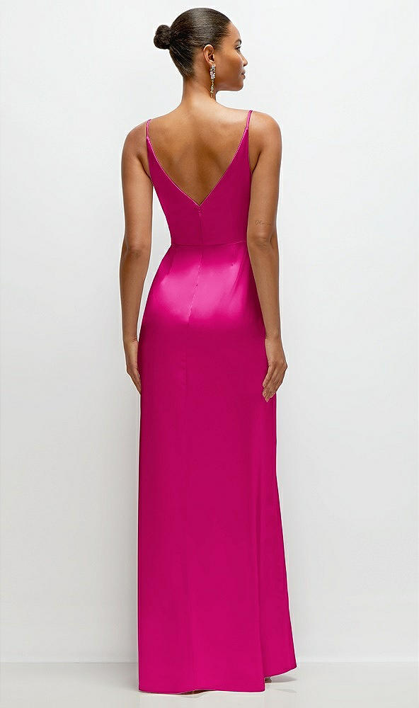 Back View - Think Pink Pleated Faux Wrap Satin Maxi Dress with Adjustable Spaghetti Straps