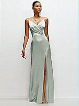 Front View Thumbnail - Willow Green Pleated Faux Wrap Satin Maxi Dress with Adjustable Spaghetti Straps