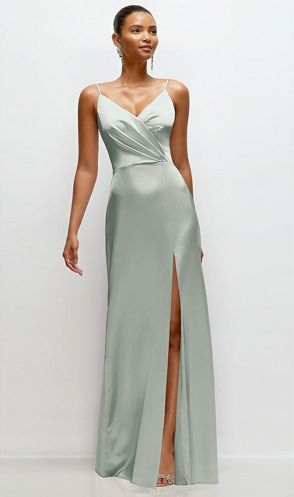 Front View - Willow Green Pleated Faux Wrap Satin Maxi Dress with Adjustable Spaghetti Straps