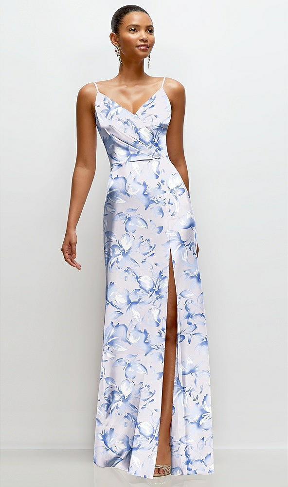 Front View - Magnolia Sky Floral Pleated Faux Wrap Satin Maxi Dress with Adjustable Spaghetti Straps