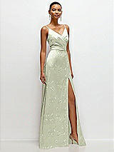 Side View Thumbnail - Vintage Primrose Celadon Floral Pleated Faux Wrap Satin Maxi Dress with Adjustable Spaghetti Straps