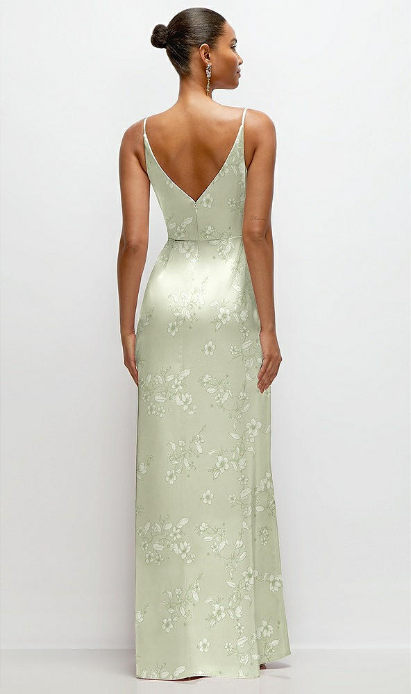 Back View - Vintage Primrose Celadon Floral Pleated Faux Wrap Satin Maxi Dress with Adjustable Spaghetti Straps