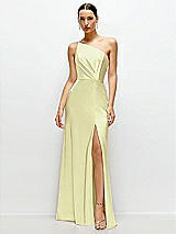 Front View Thumbnail - Butter Yellow Pleated One-Shoulder Satin Maxi Dress with A-Line Skirt