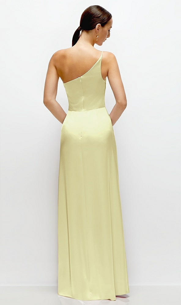 Back View - Butter Yellow Pleated One-Shoulder Satin Maxi Dress with A-Line Skirt