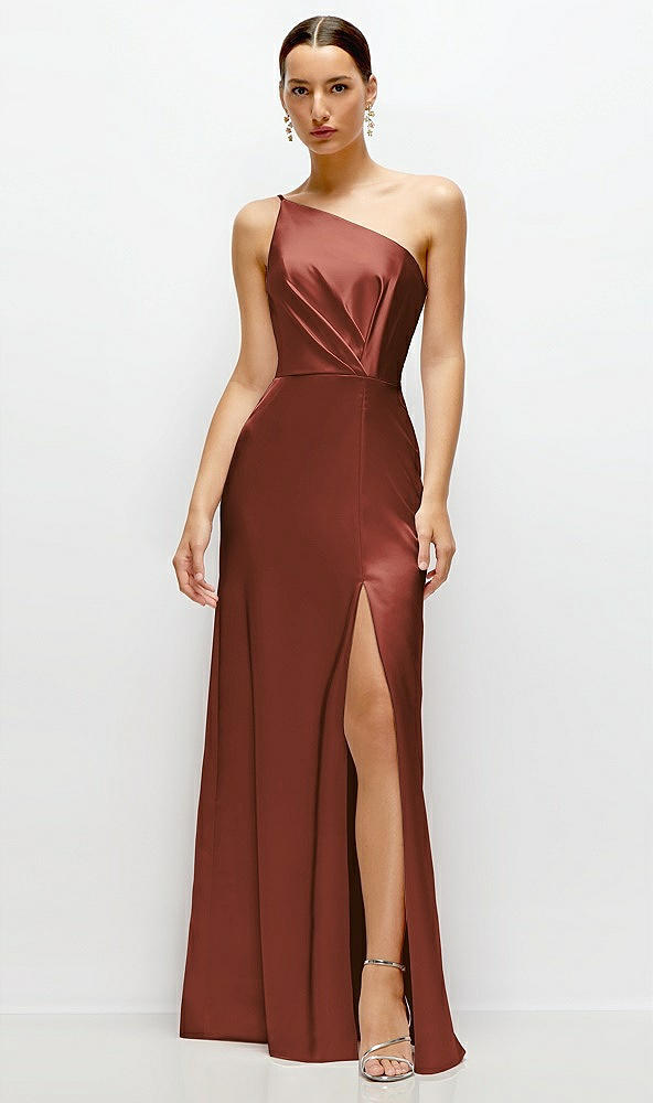 Front View - Auburn Moon Pleated One-Shoulder Satin Maxi Dress with A-Line Skirt